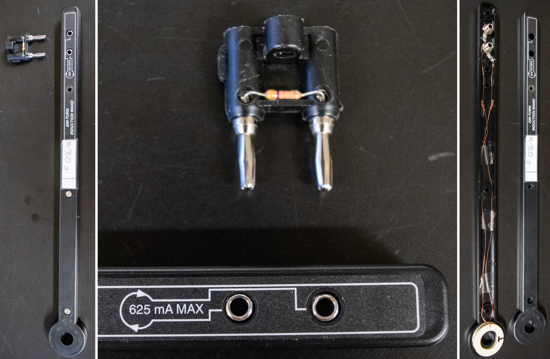 Coil wand experimental equipment showing center of mass, resistor, and internal components