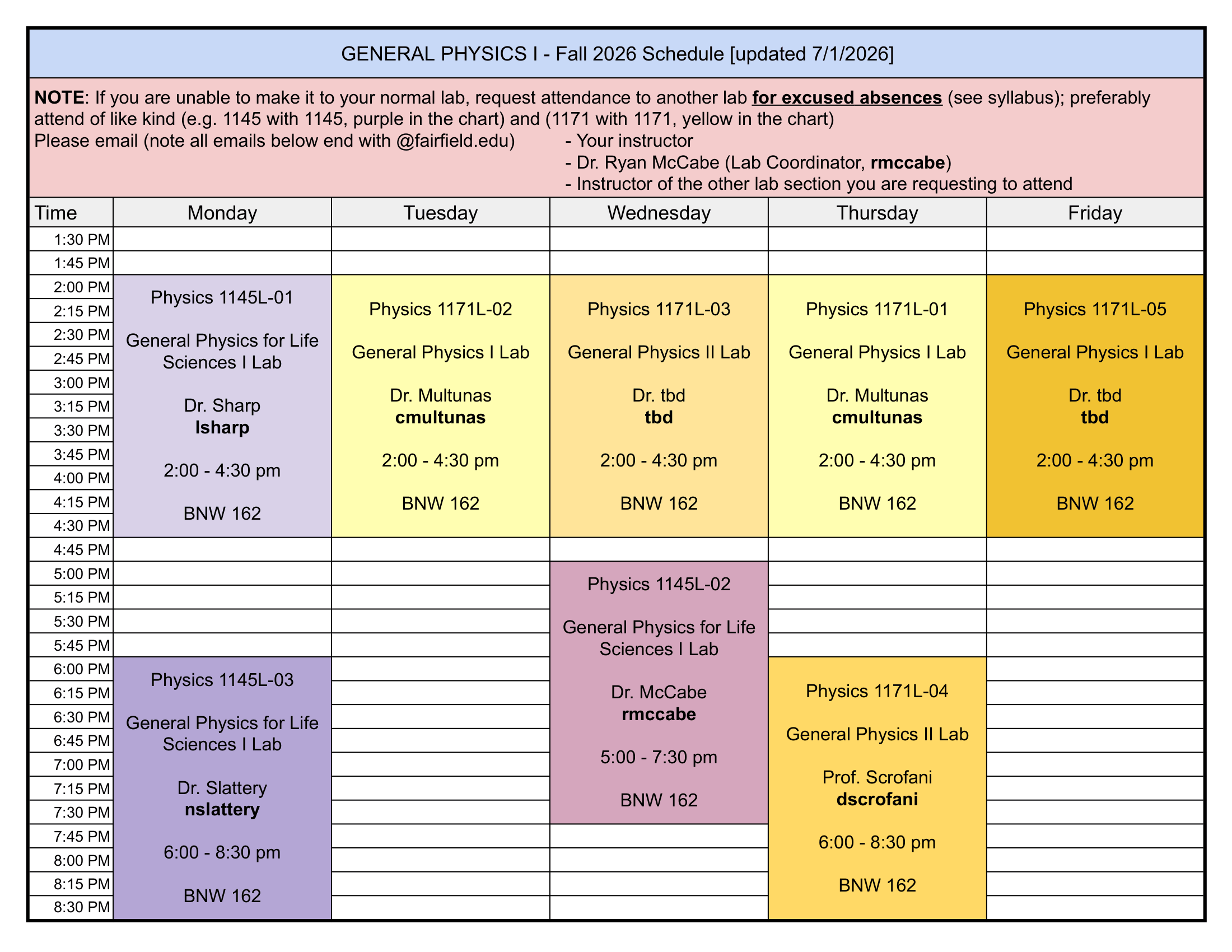 Printed lab schedule by section for PHYS 1145L & 1171L. Included are the instructors’ email addresses.