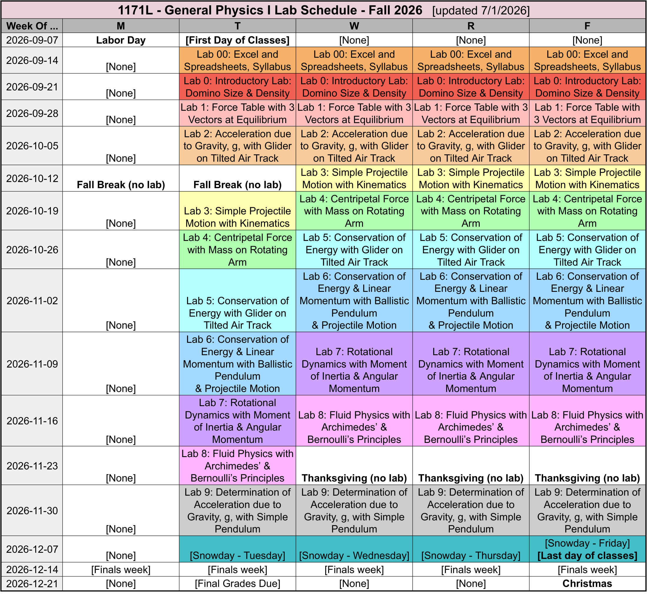 Schedule for PHYS 1171L