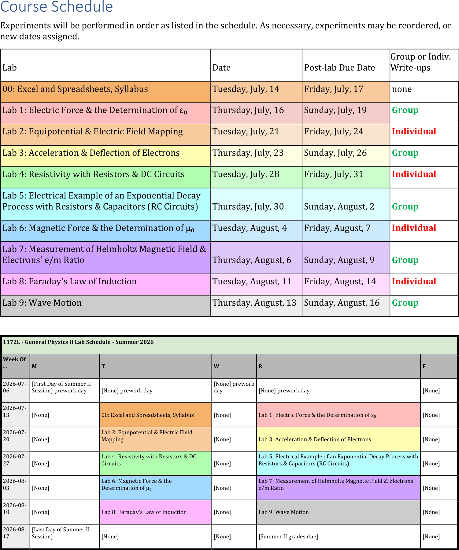Schedule for PHYS 1172L Summer Session