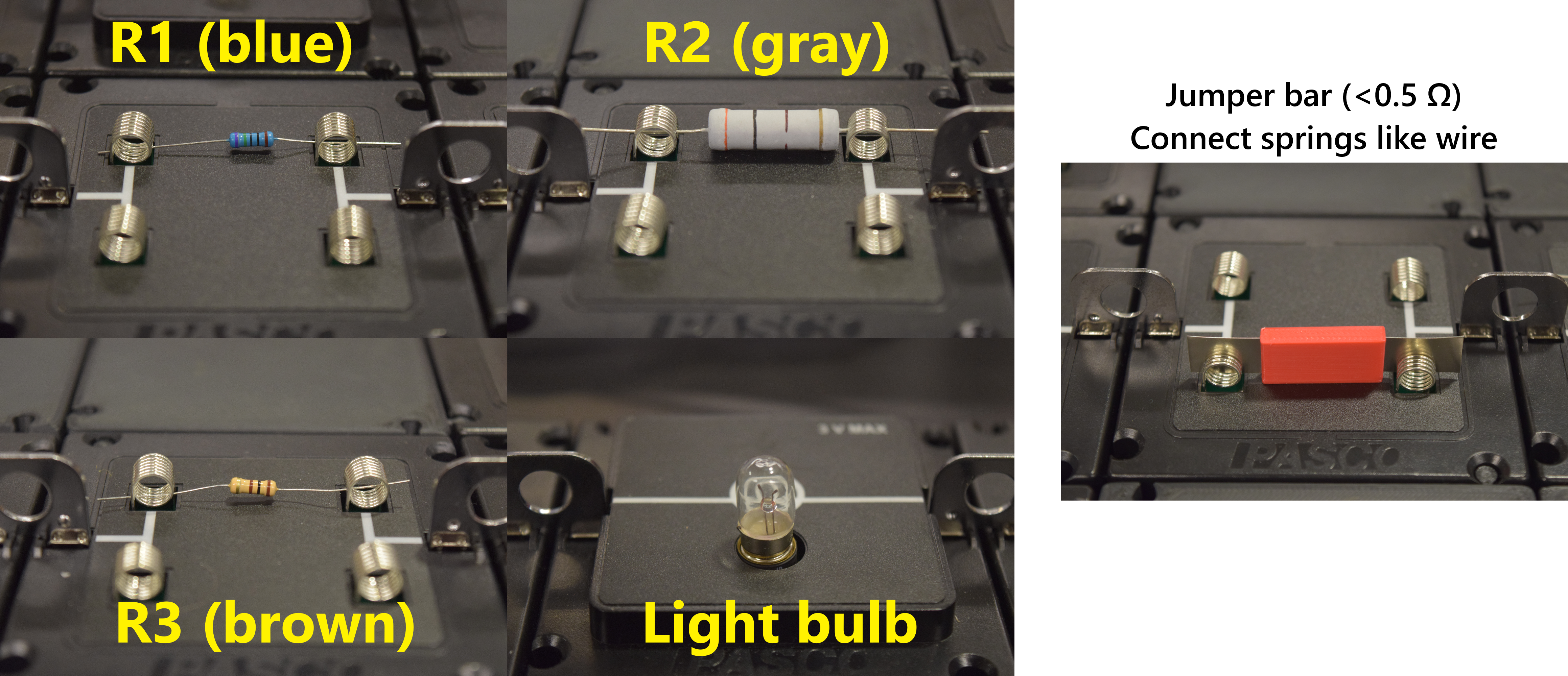 Examples of the resistors, light bulb, and jumper bar you will use today. They can stay in their same spring modules for all parts of the lab today.