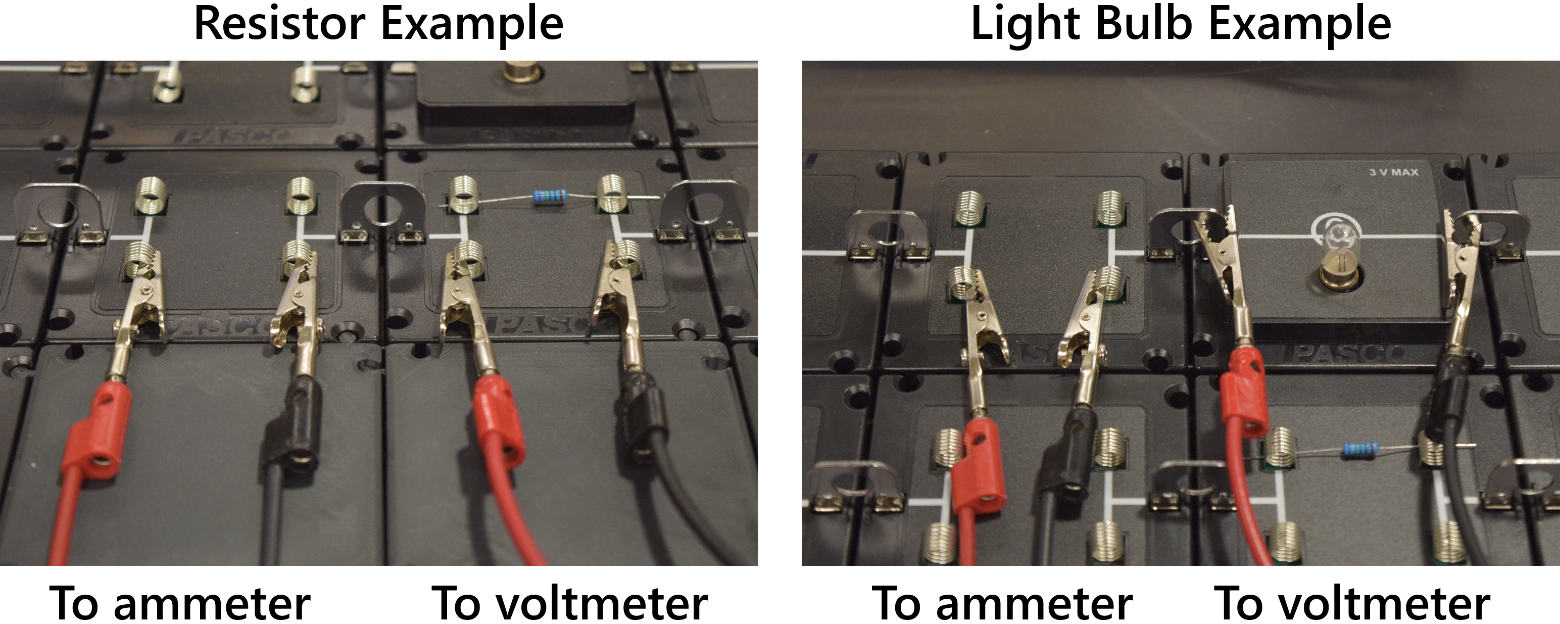 Examples how to connect ammeter (in line or in series with resistor) and voltmeter/ohmmeter (across or in parallel with resistor) alligator clips to the spring modules. For the light bulb, connect voltmeter to the U-shaped module clips.