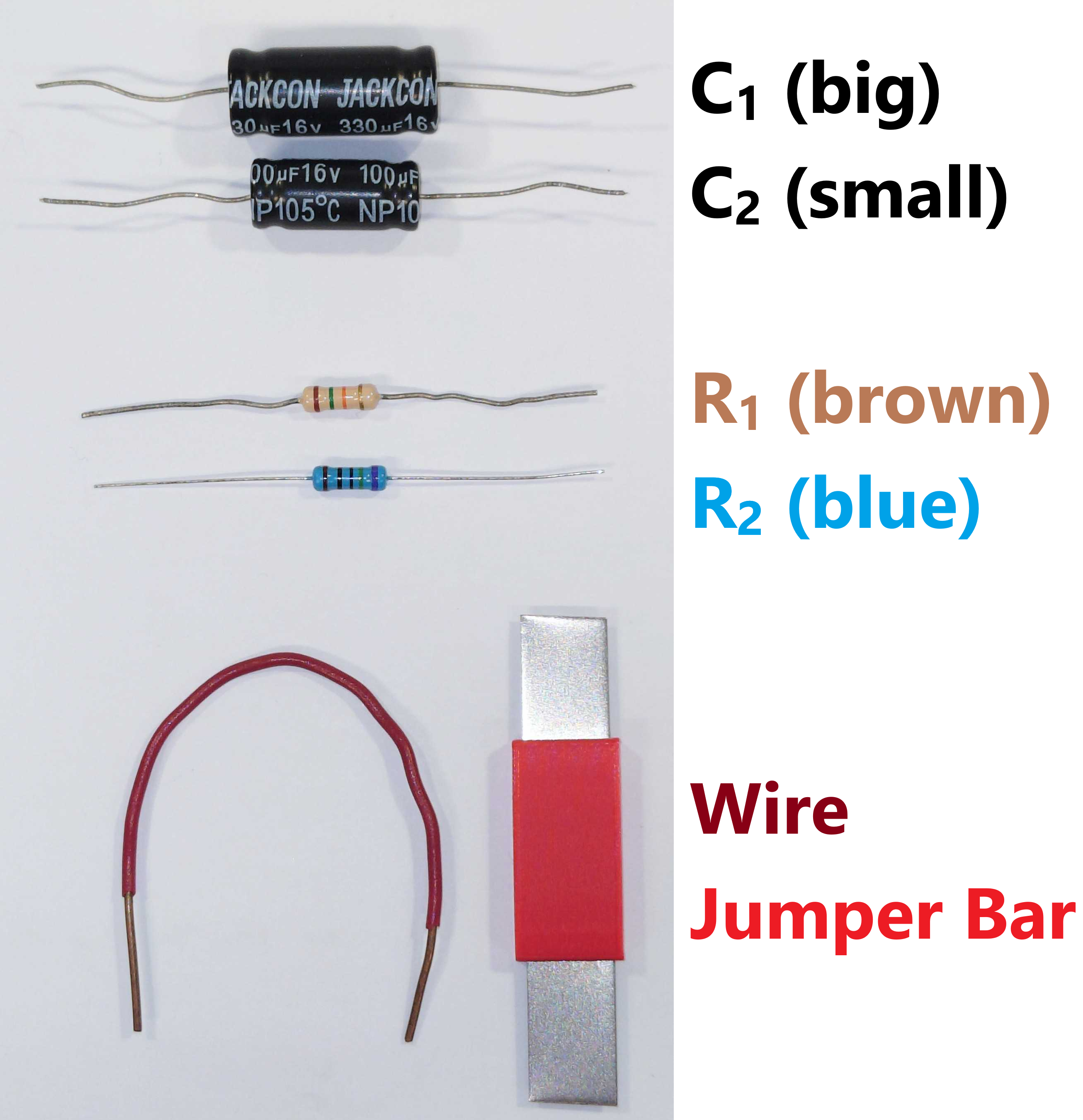 Example of capacitors, resistors, and wire and jumper bar to be used.