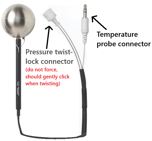 The  picture shows the Absolute Zero experiment. The pressure and temperature connectors are shown exiting at the end of the black cable of the device. Note: be gentle with the pressure connector; you need to insert and gently twist to lock it in place. DO NOT FORCE IT.