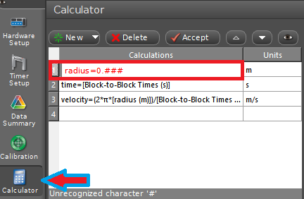 Calculator setup in Capstone to determine the tangential speed of the rotating objects. Adjust the radius (red boxed) to your measured radius in your experimental setup.