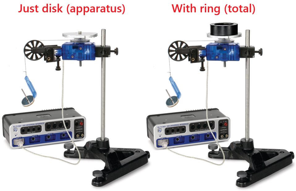 Experimental setup of the RMS apparatus with disk alone (left) and with disk and ring mounted (right). The setup varies slightly from the one used in the lab.