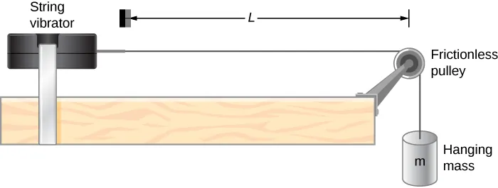 Illustrated setup with string vibrator and string over frictionless pulley. String tension from hanging mass m. Length of string (first-to-last nodes) --- left side bracket is wider to represent the lack of clear position from the vibrating metal tab.