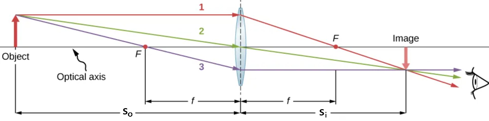 Ray tracing light from object to inverted image. Red dots at focal points F (symmetric about symmetric lens) represent distance from lens where parallel rays from one side of the lens will pass through on the opposite side. E.g. ray 1, parallel ray from the object crosses at F on the image side after refraction. Middle ray (2) from object passing through center of lens takes a straight path towards image. Bottom ray (3) passing through focal point on object side becomes parallel to optical axis after lens. Object distance to lens is s_\text{o}, image distance to lens is s_\text{i}.