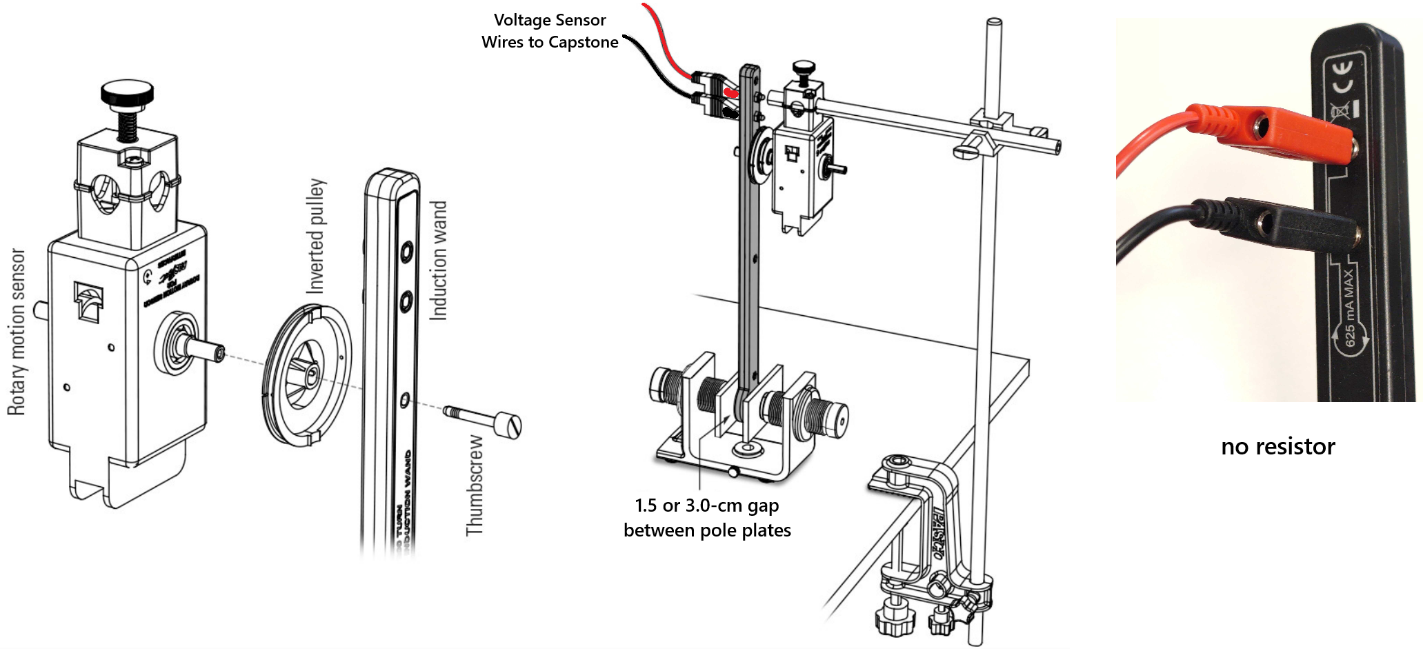 Overall experimental setup consisting of induction wand mounted on the RMS as well as the horseshoe magnet. The cables connecting to the voltage sensor are plugged into the two jacks at the top of the wand.