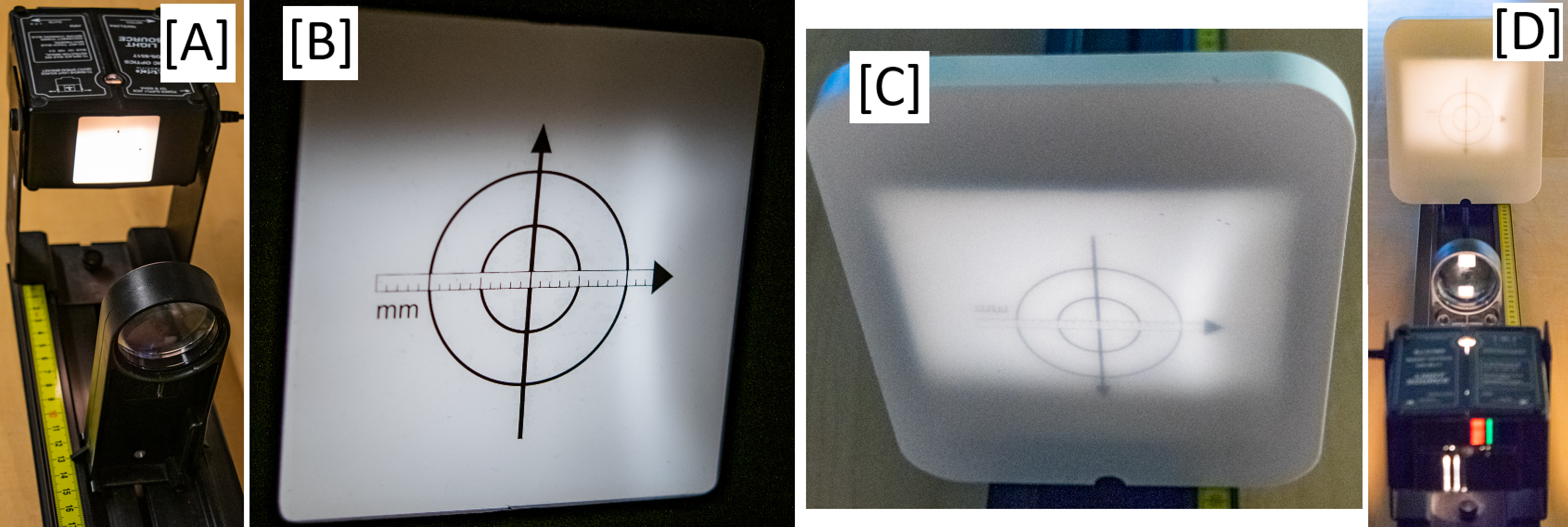 A) Light box and lens mounted on optics track. B) Object on the light box. C) Refracted image through the lens on the white screen. D) Lightpath through lens onto the white screen.