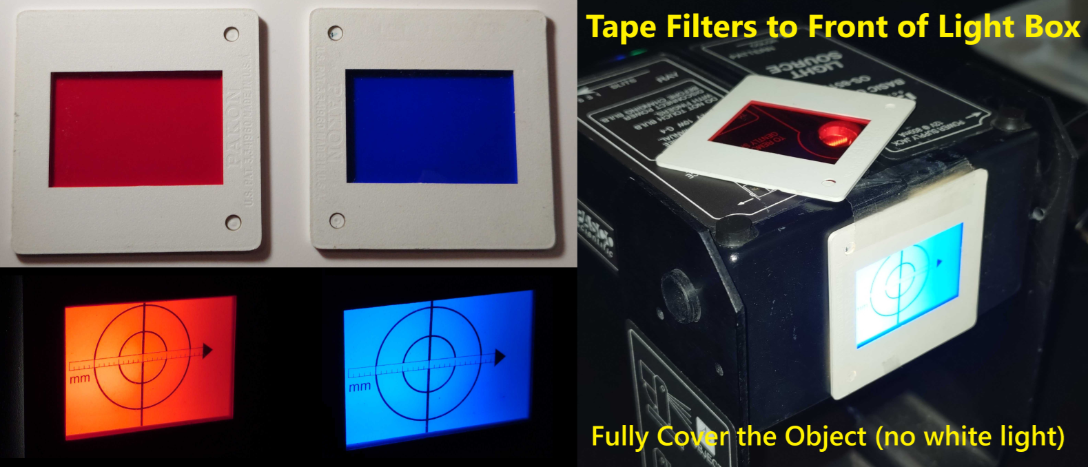Left) Red and blue filters. Right) Filters taped over illuminated object on light box.