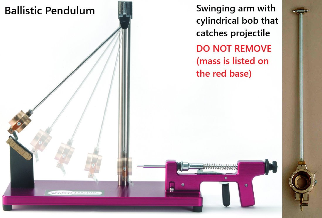 Left) Ballistic pendulum apparatus showing path of the rotating arm during the pendulum experiment. Right) Arm with metal bob that catches the projectile (metal ball with hole, not shown) when launched from the spring-powered gun of the apparatus.