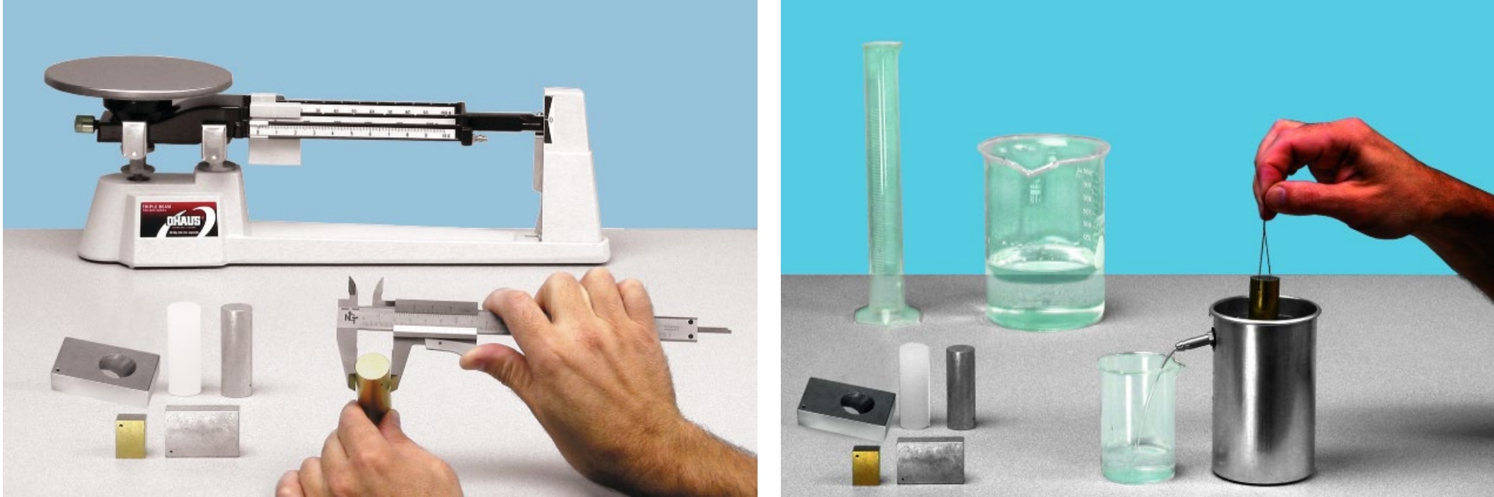 Left) Measuring size with calipers (not done in this lab). Right) Lowering object into overflow container.