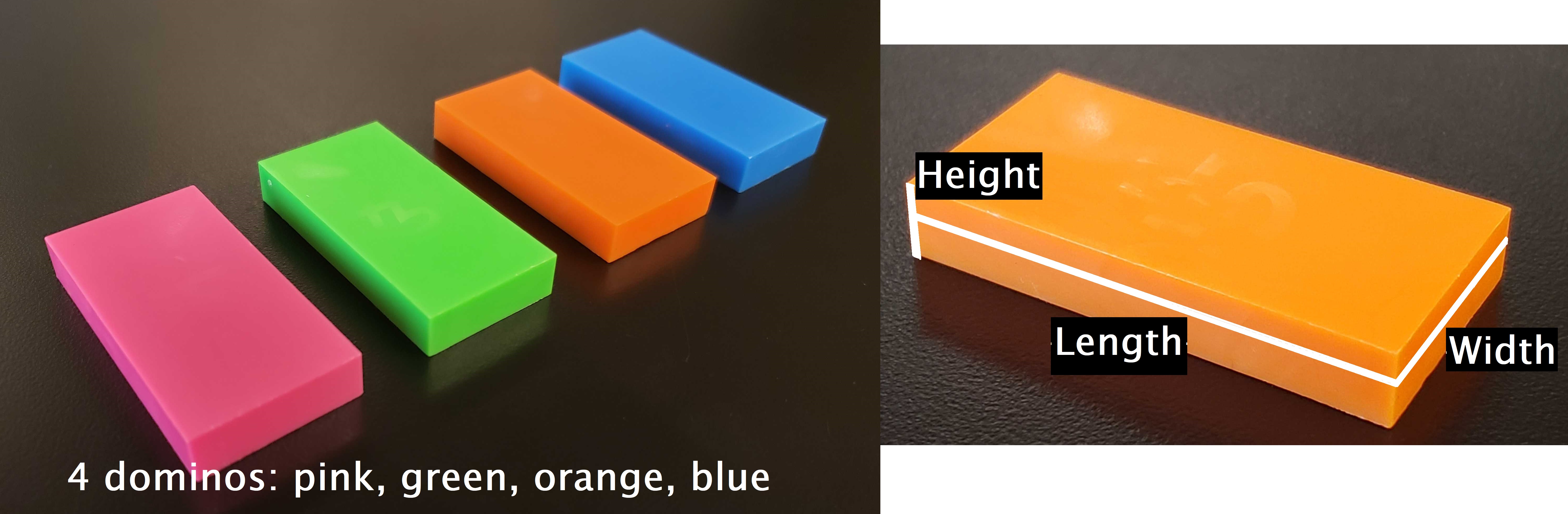 Left) Dominoes provided. Right) Relevant length, width, height dimensions of the dominoes.