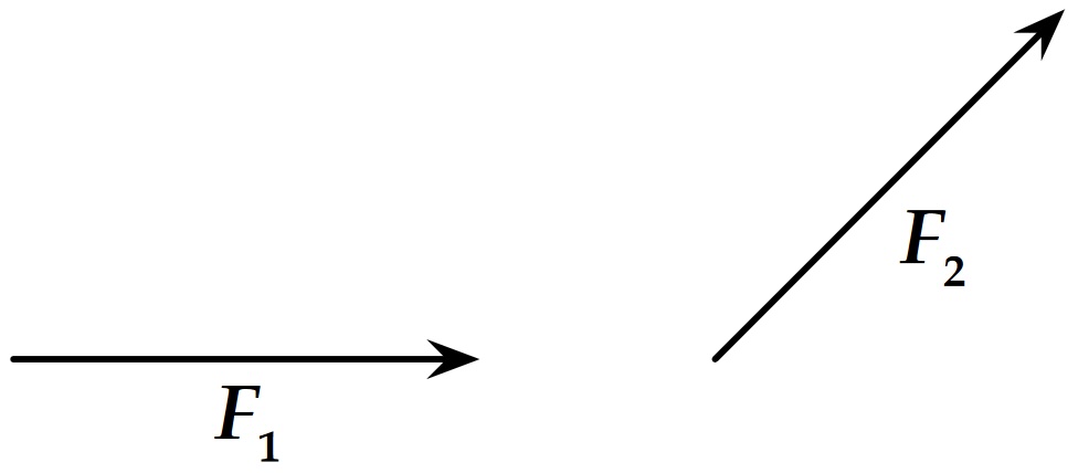 Two force vectors \vec{F}_1 and \vec{F}_2