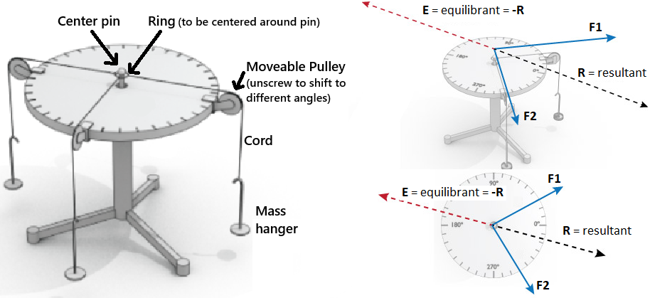 (Left) Illustration of the force table. (Right) An example of how to determine the force \vec{F}_{3} needed to balance two given forces \vec{F}_{1} and \vec{F}_{2}.