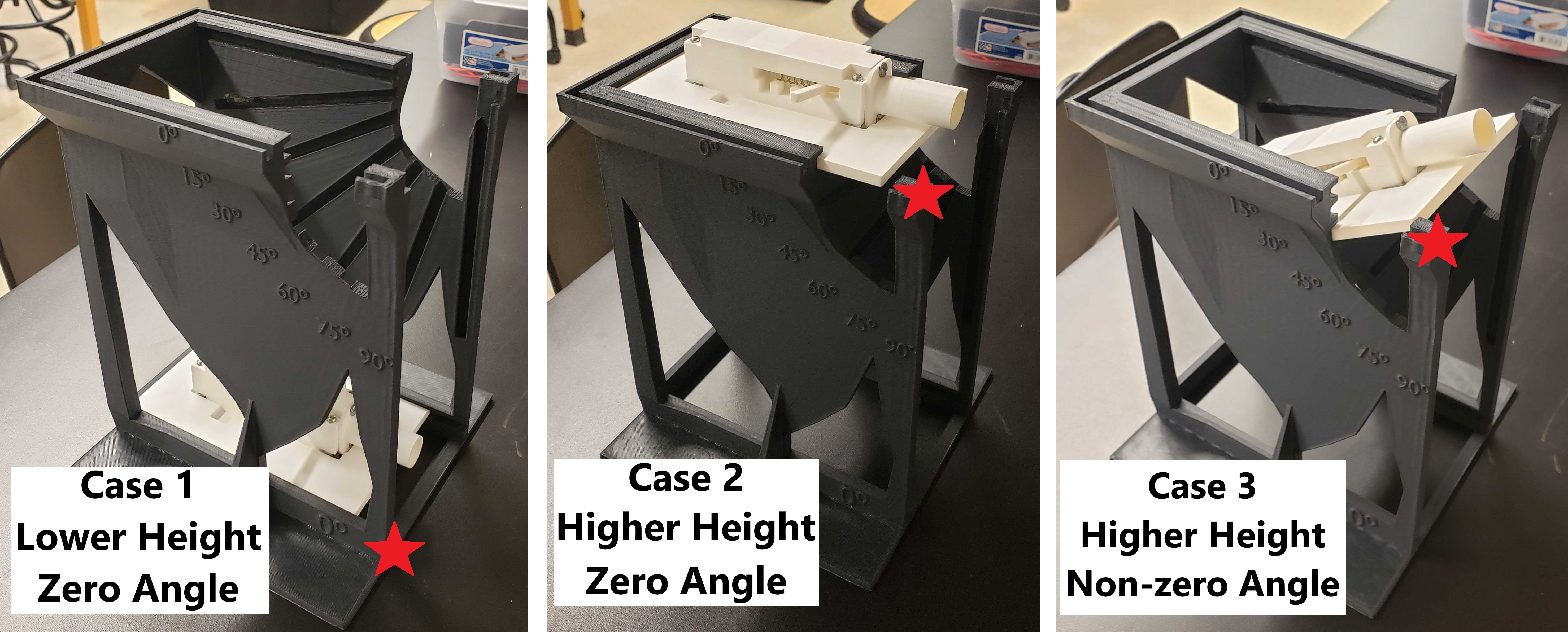 Stars denote projectile height. Left) Position of launcher for lower height in Case 1. Right) Position of launcher for higher height in Case 2. Right) Position of launcher for angled launches in Case 3 where the ball’s initial position is at the same higher height position.