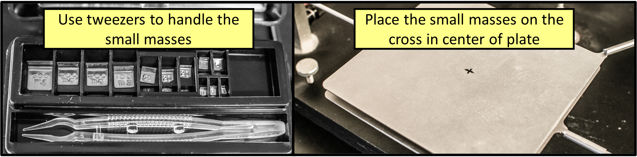 Example of masses to use (milligrams). Placement location marked by the +.